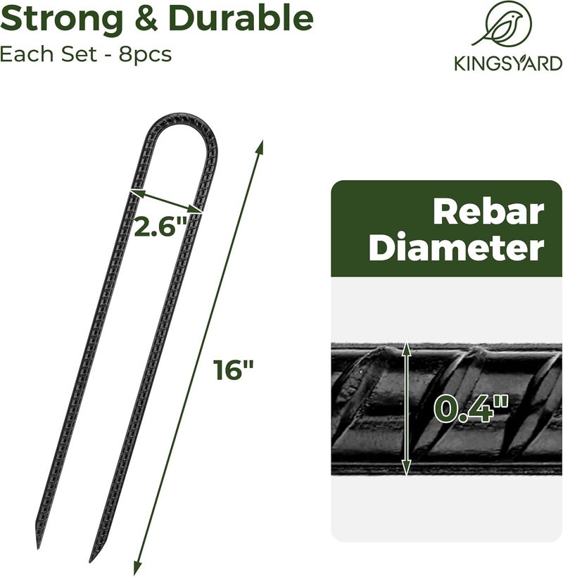 Kingsyard 8 Pack 16 Inch Trampolines Wind Stakes, 0.4 Inch Diameter 2.6 inche Wide Galvanized Steel U Hook Rebar Stakes, Multi-Purpose Heavy Duty Ground Anchors for Tent, Fences, Swing, Landscape - Image 2